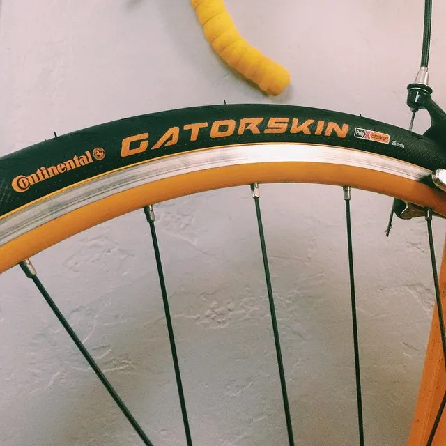 A close-up view of a black and yellow bicycle tire labeled Continental Gatorskin, featuring spokes radiating against a light, textured wall, with a coiled yellow object visible above the wheel.