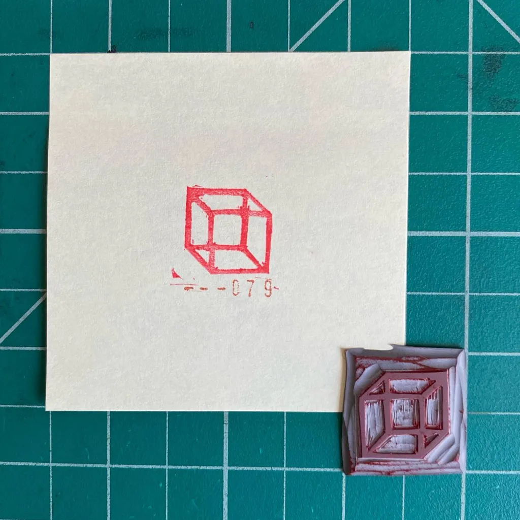 On a teal grid, a white surface displays a red outline drawing of a cube and the number -079-, next to a small, textured, reddish-brown square object.