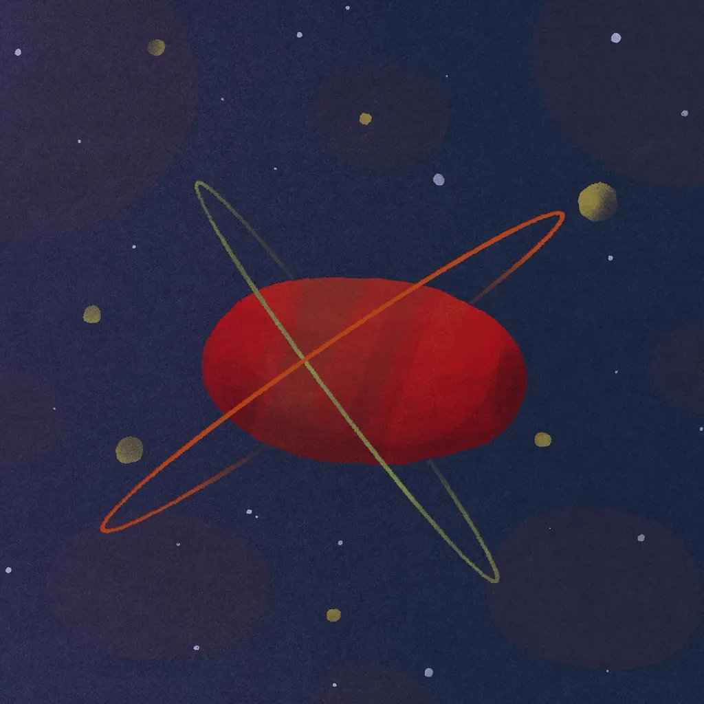 A deep indigo space scene features a central red orb intersected by two thin orange elliptical rings, surrounded by scattered yellow stars and large dark nebulous patches.