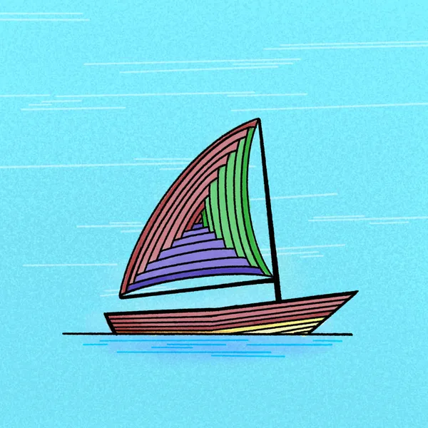 A stylized sailboat with a reddish hull and striped sails cuts across light blue water, set against a light blue background featuring faint horizontal lines.