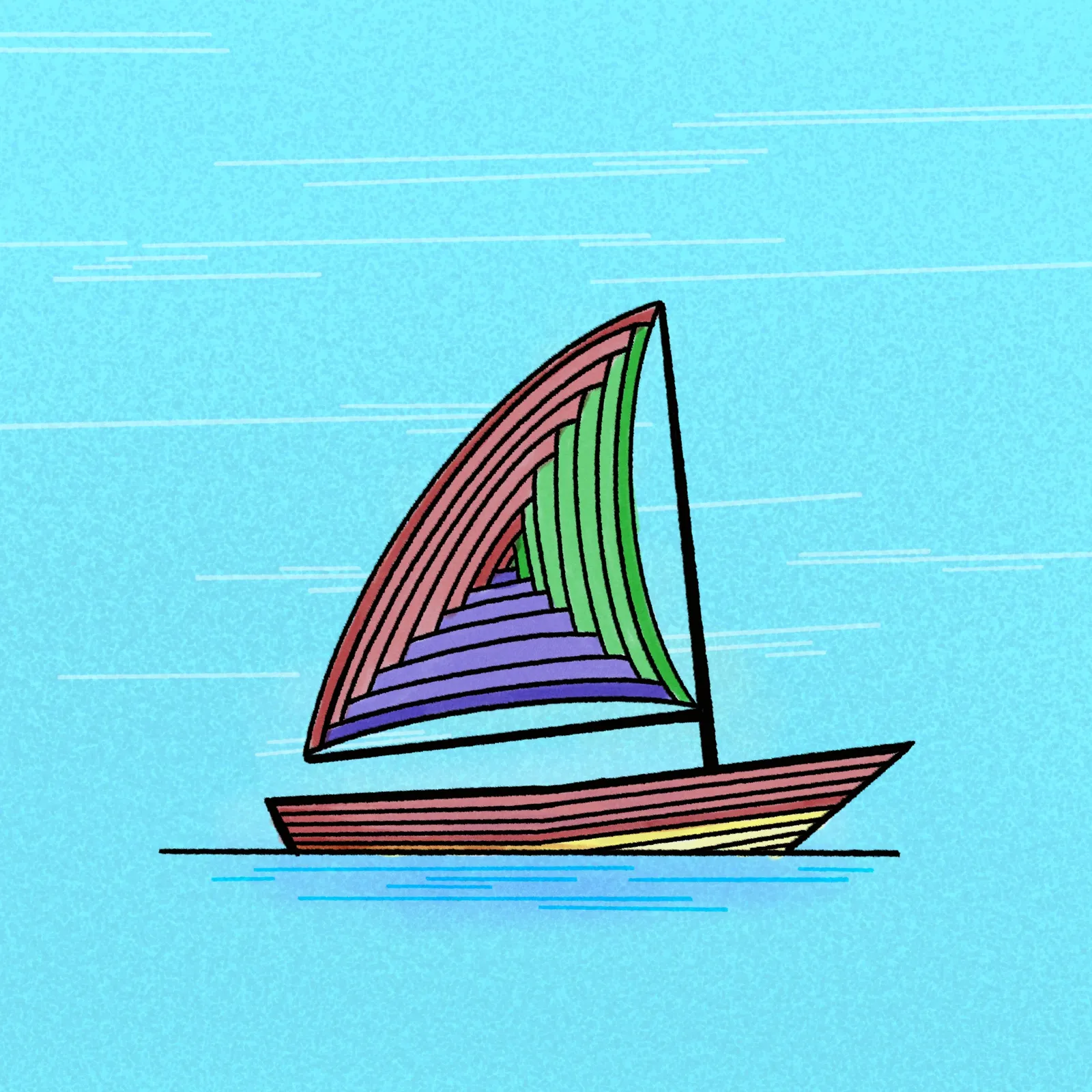 A stylized sailboat with a reddish hull and striped sails cuts across light blue water, set against a light blue background featuring faint horizontal lines.