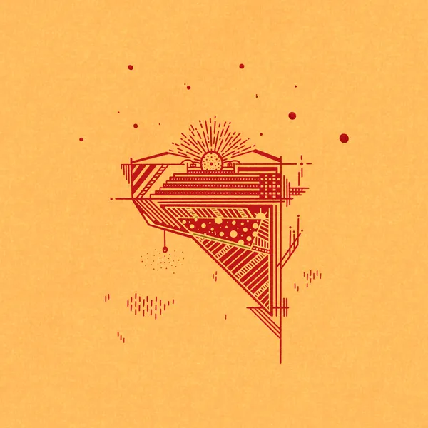 Geometric abstract composition in reddish-orange on an ochre background, featuring stacked angular shapes, radiating lines, and scattered dots that suggest a stylized futuristic structure.