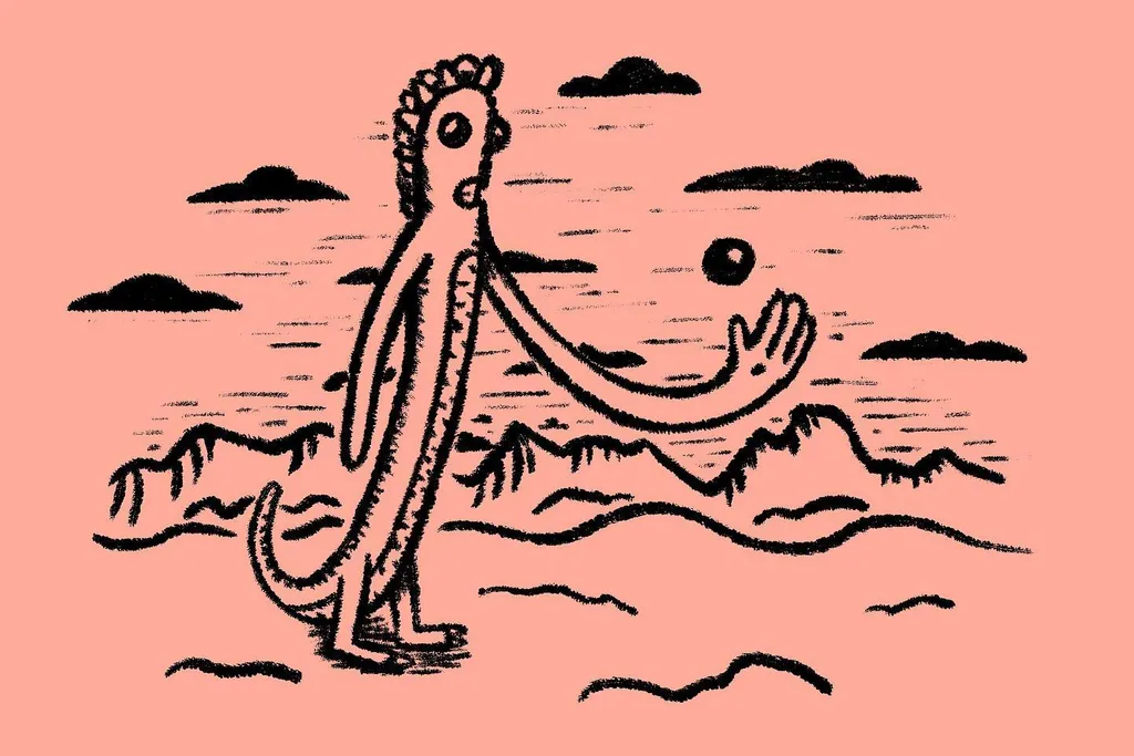 A black drawing of a stylized, elongated creature holding a ball, set against a light peach background featuring dark, jagged mountain shapes and cloud forms.