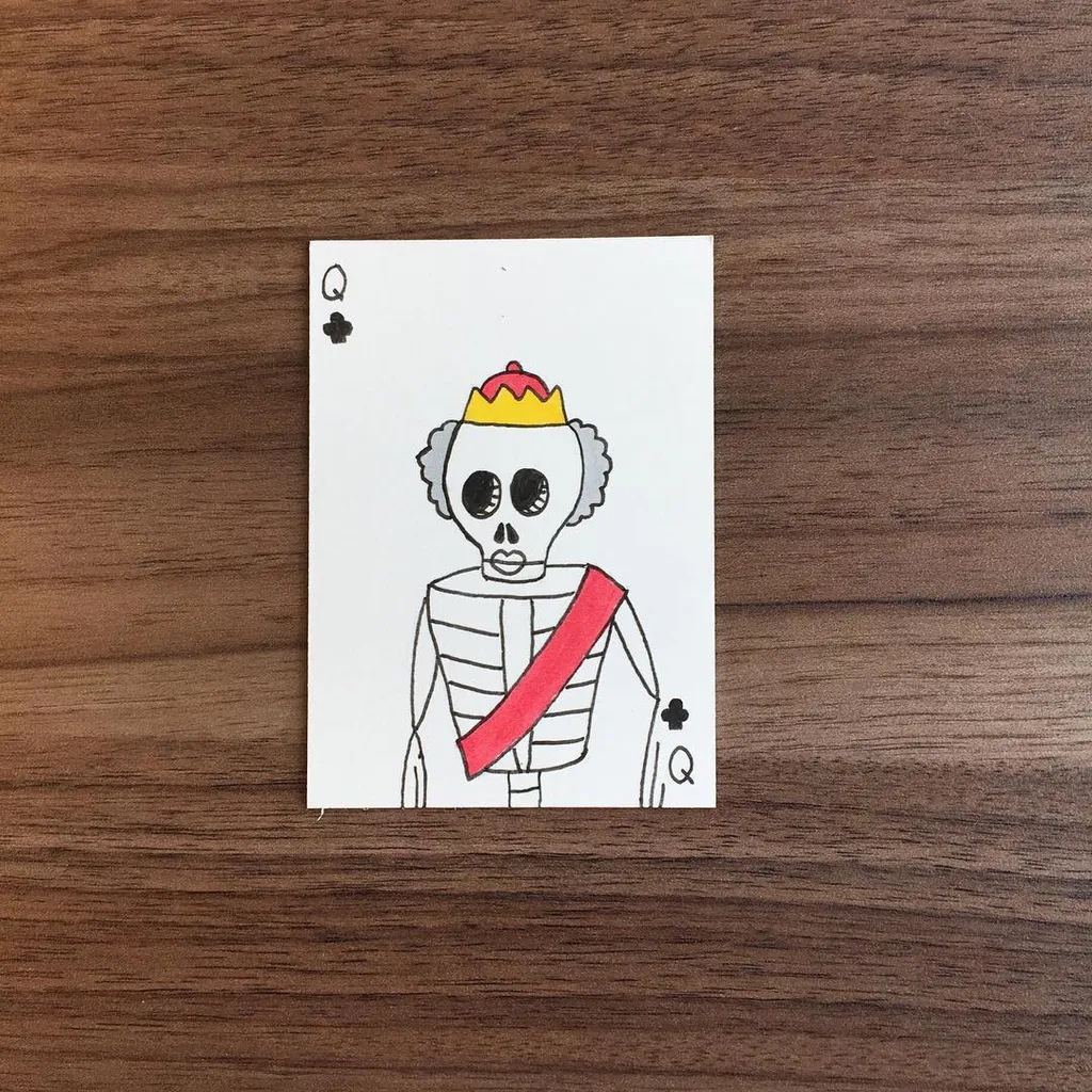 A stylized line drawing of a skeleton figure, representing a Queen of Clubs, wearing a yellow crown and a red sash, centered on a white playing card.