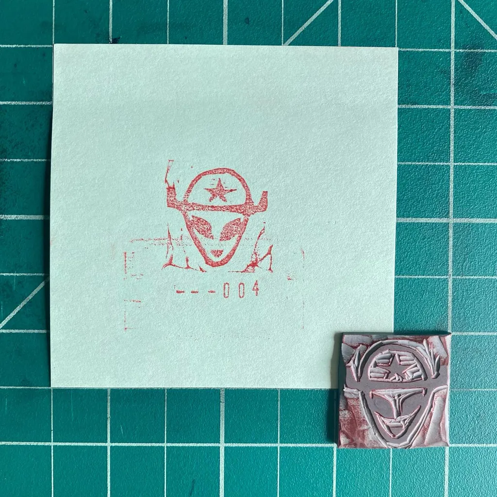 On a teal grid, a white paper features a red ink drawing of a stylized mask and the number 004, positioned next to a small, reddish square with a carved mask design.