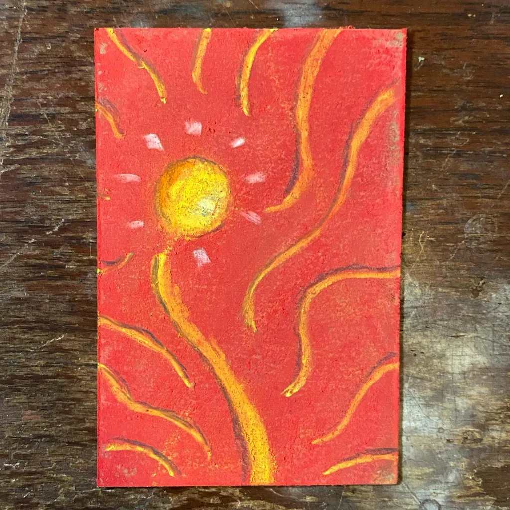 A vibrant, rectangular abstract composition showing a bright yellow sun at the center, surrounded by thick, wavy orange and red lines against a textured, deep red background.