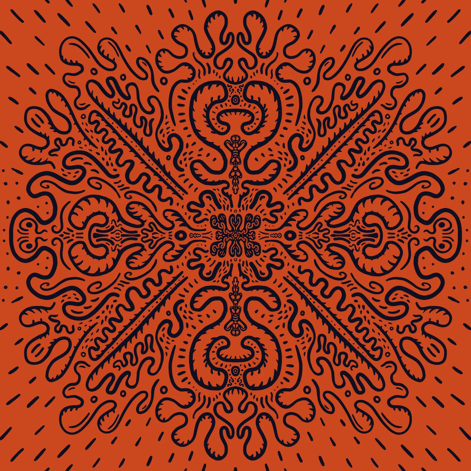 Intricate, symmetrical mandala design in black lines on a terracotta orange background, composed of repeating, flowing, organic patterns and small scattered dots.