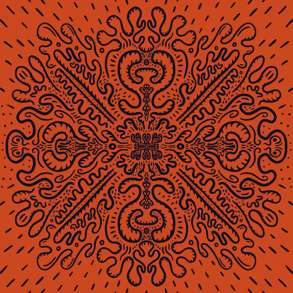 Intricate, symmetrical mandala design in black lines on a terracotta orange background, composed of repeating, flowing, organic patterns and small scattered dots.