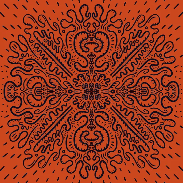 Intricate, symmetrical mandala design in black lines on a terracotta orange background, composed of repeating, flowing, organic patterns and small scattered dots.