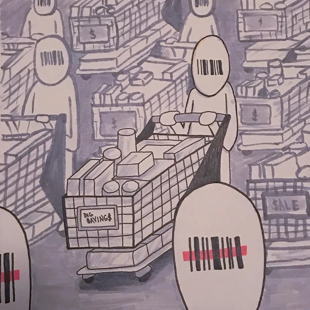 Black and gray ink sketch depicting a central shopping cart surrounded by multiple stylized, faceless figures and cluttered stacks of goods.