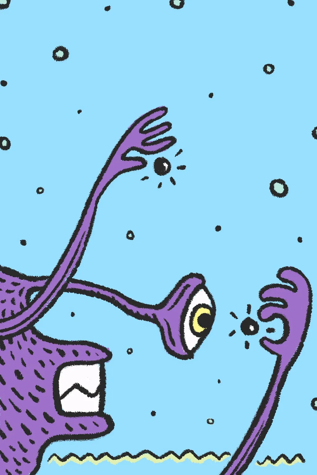Two stylized purple creatures interact against a light blue background, featuring an open-mouthed figure near a yellow-green water line, and two curved, tentacle-like appendages reaching toward it.