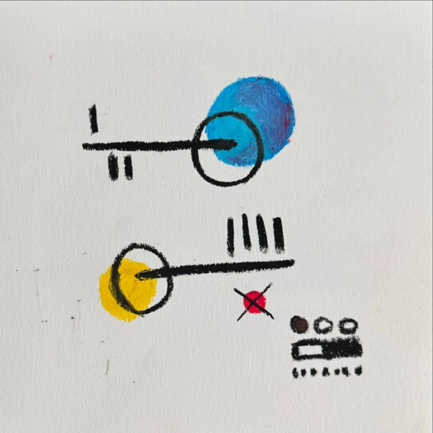 Two horizontal diagrams are drawn in black ink, showing a line connecting to a blue circle in the top diagram, and a line connecting to a yellow circle, which points to a red X and a small black rectangular object with tick marks in the bottom diagram.
