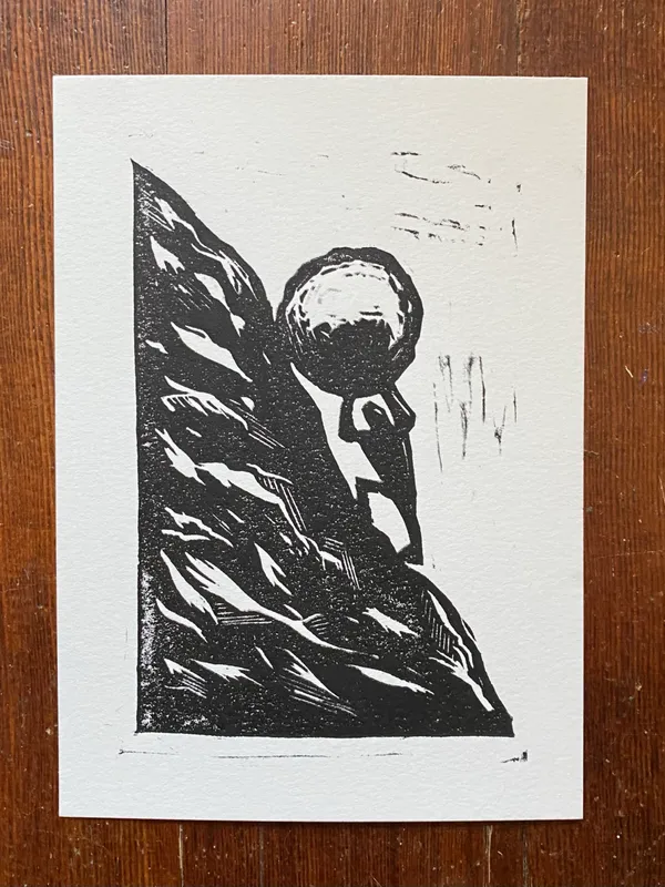 Black ink forms a stylized profile portrait on a white background, with the figure's head emerging from a sharp, angular, jagged black mass that dominates the left side of the composition.