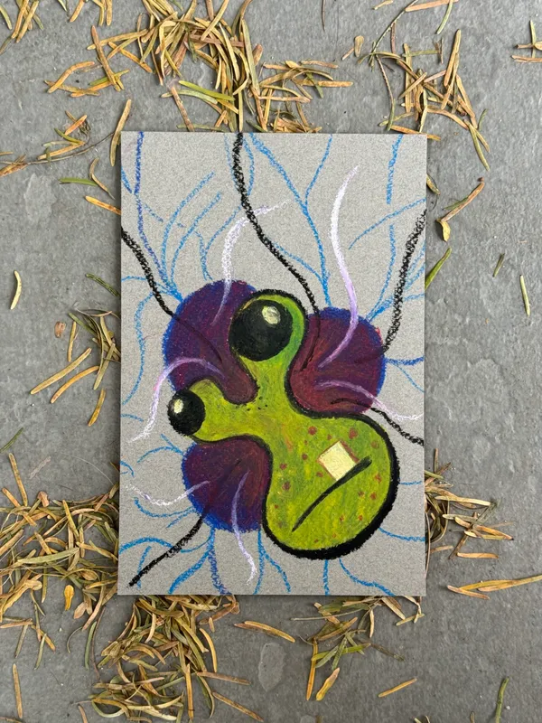 A cartoonish insect, colored purple and lime green, is centered on light gray paper, accompanied by delicate blue lines that radiate and crisscross the background.