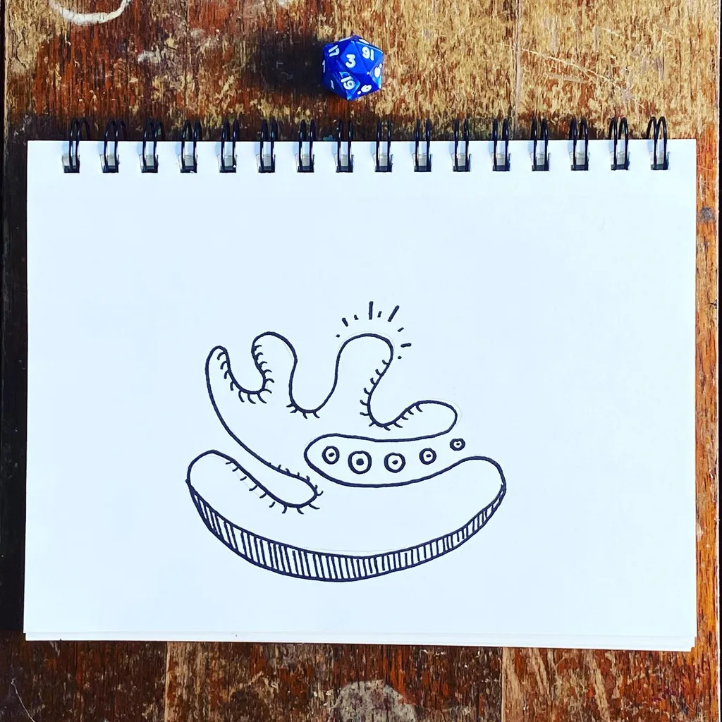 A black line drawing of a stylized creature with tentacles and eyes is centered on a white spiral notebook page, which rests on a dark wooden surface next to a blue die.