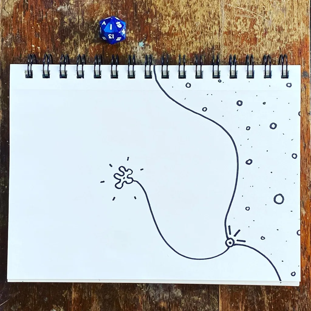 On a rustic wooden surface, a spiral notebook displays a black line drawing of a curved path, scattered dots, and a flower, with two blue dice resting above the paper.