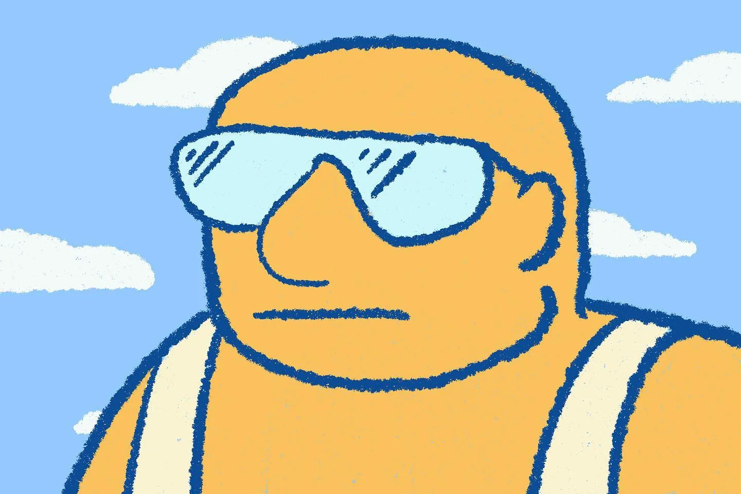 A stylized cartoon portrait of an orange figure wearing goggles and a life vest, set against a light blue background featuring white, puffy clouds.
