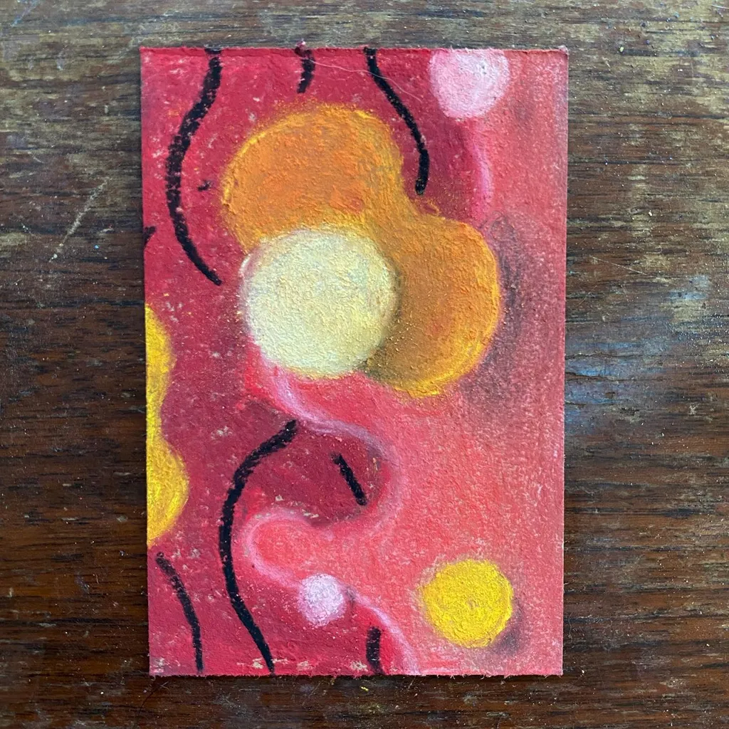 Abstract composition featuring large, blended orange and yellow shapes and white circles against a vibrant red and pink background, intersected by curving black lines.