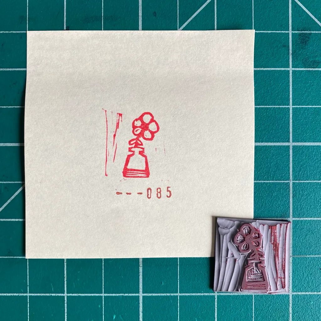 A cream paper sheet on a teal grid background displays a red line drawing of a bottle and the number --085, next to a small square piece of layered material featuring a matching red drawing.