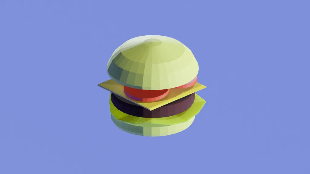 A geometric, low-poly hamburger is centered on a solid blue background, composed of stacked, faceted layers of light green, red, and yellow shapes.