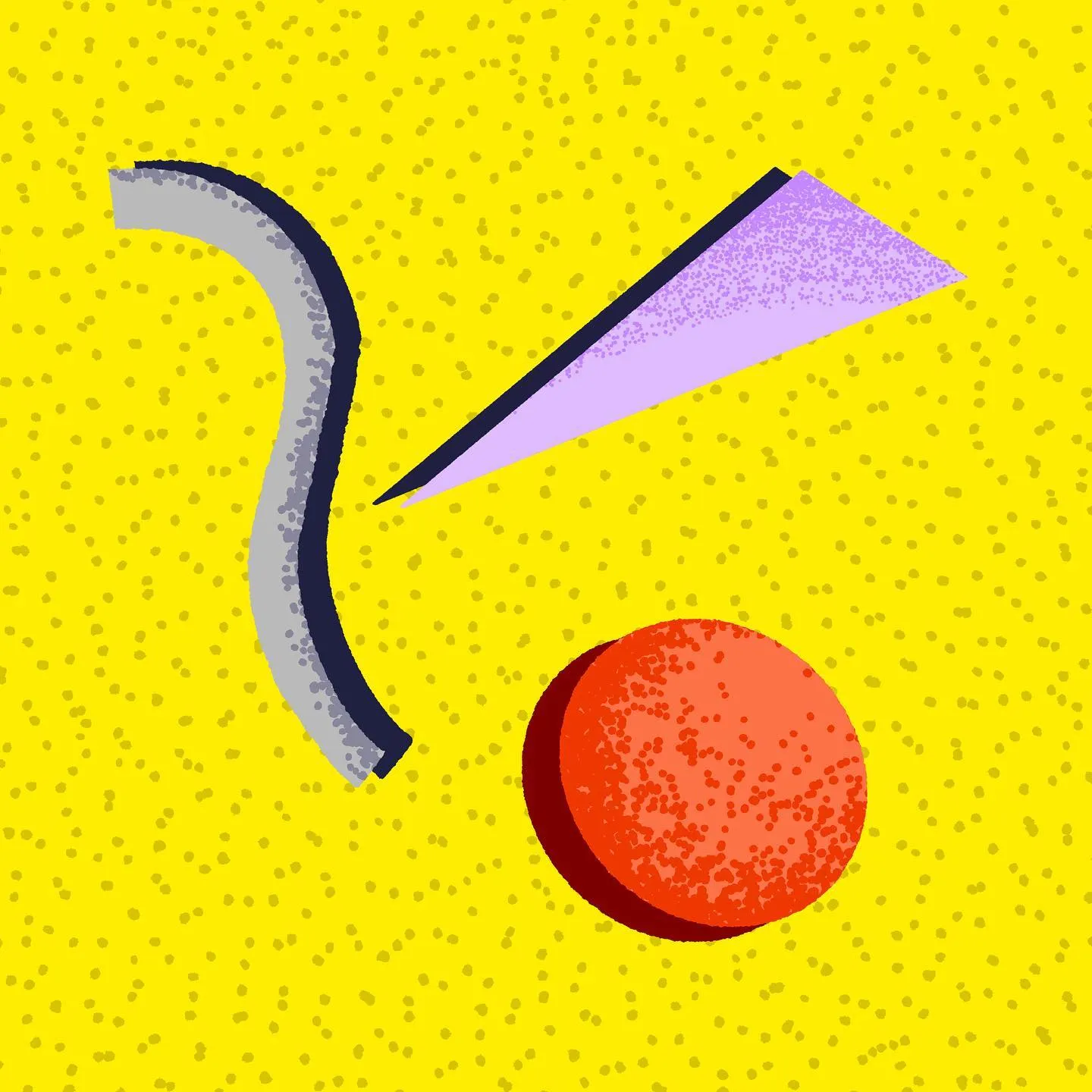 A speckled yellow background holds three abstract shapes: a curved gray form on the left, a diagonal lavender shape, and a solid orange circle on the right.