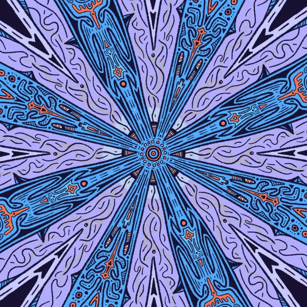 Symmetrical radial design in deep blue, cyan, and lavender, featuring radiating beams filled with intricate, stylized, geometric patterns emanating from a central circular hub.