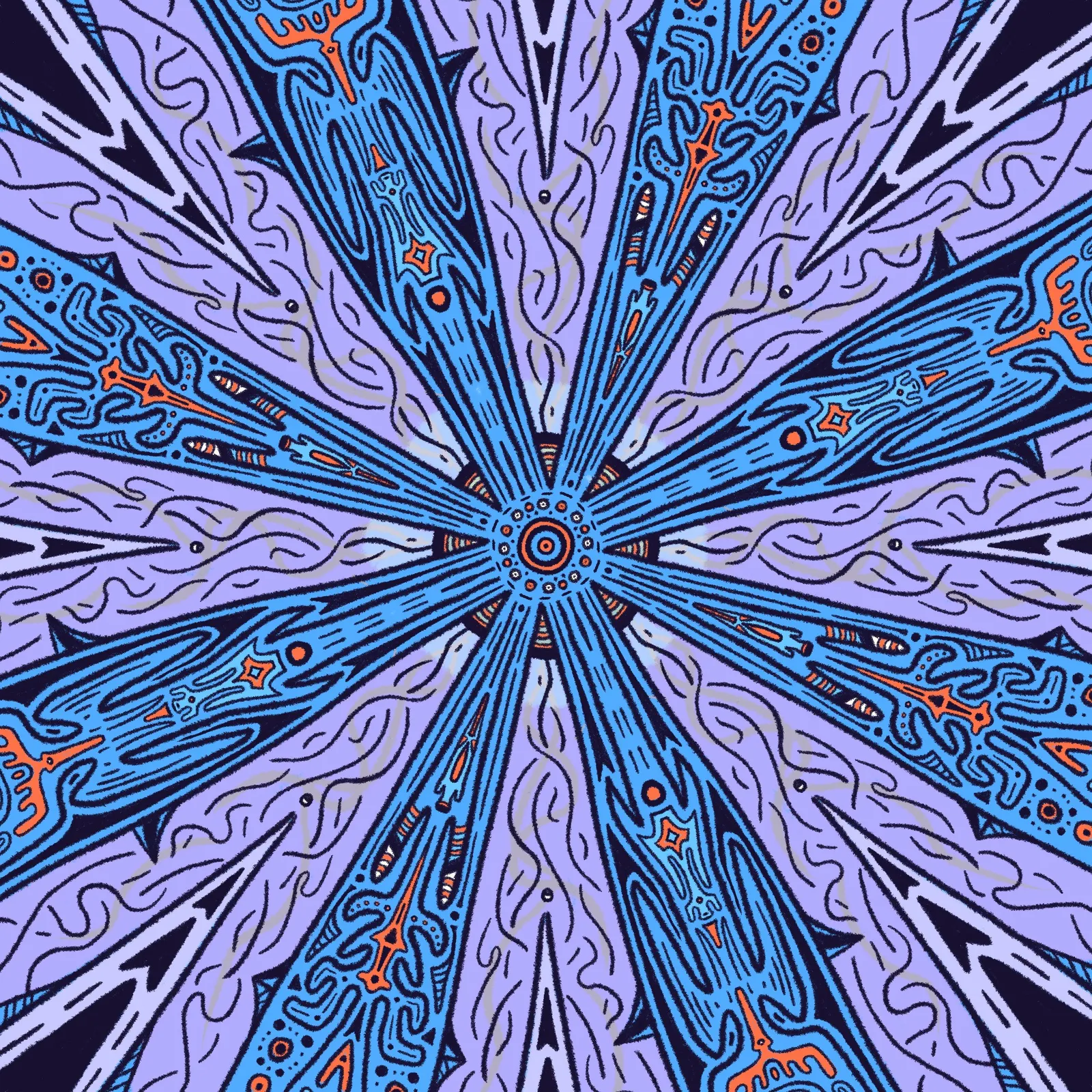 Symmetrical radial design in deep blue, cyan, and lavender, featuring radiating beams filled with intricate, stylized, geometric patterns emanating from a central circular hub.