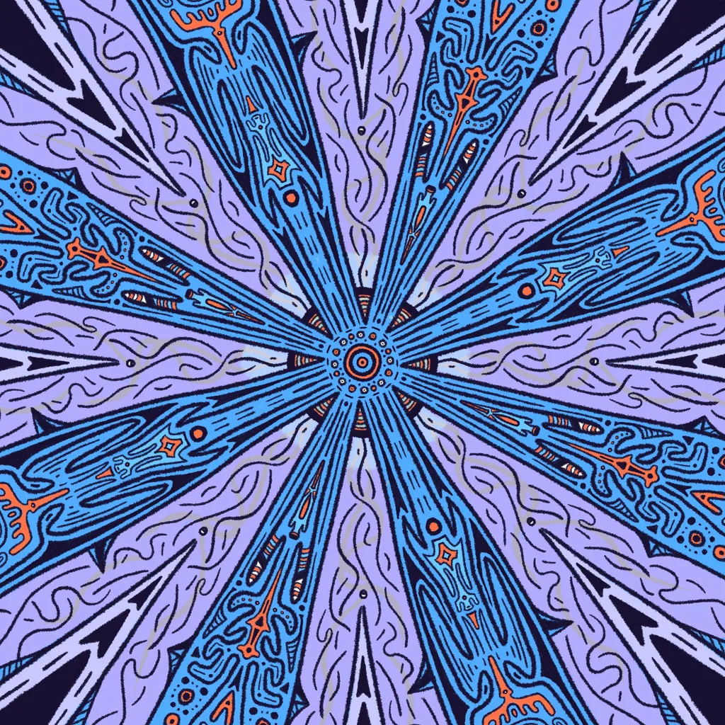 Symmetrical radial design in deep blue, cyan, and lavender, featuring radiating beams filled with intricate, stylized, geometric patterns emanating from a central circular hub.