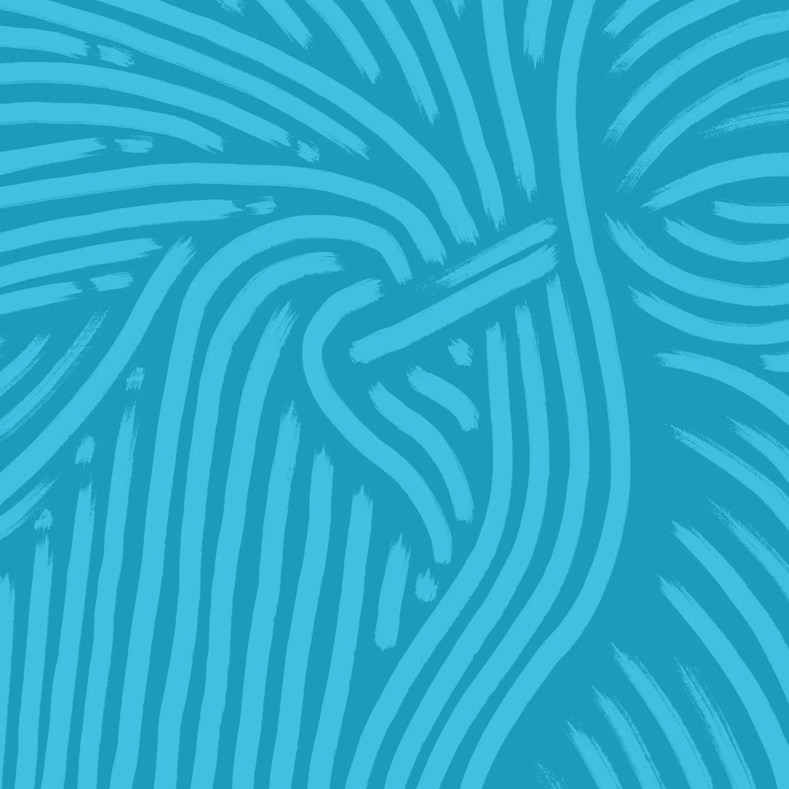 Flowing abstract lines in shades of cyan blue curve and intersect across a solid teal background, forming a dynamic, textured pattern.