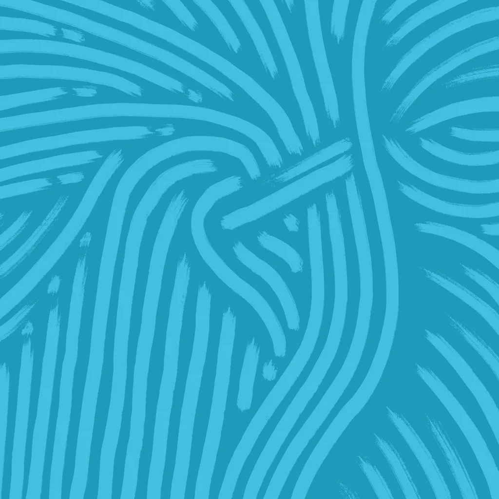 Flowing abstract lines in shades of cyan blue curve and intersect across a solid teal background, forming a dynamic, textured pattern.