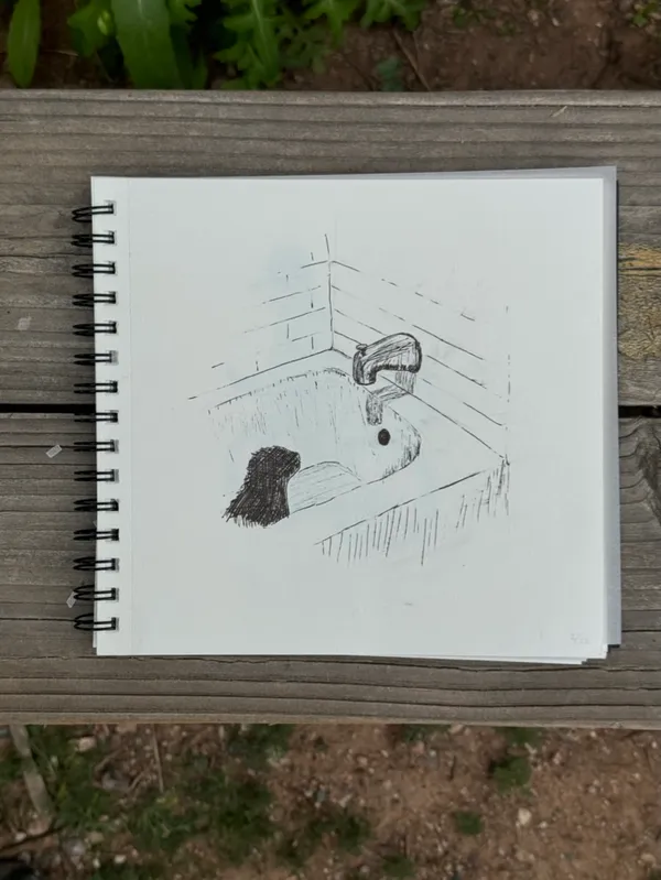 A black sketch shows a stylized animal head, possibly a dog, contained within a drawn rectangular structure on white paper.