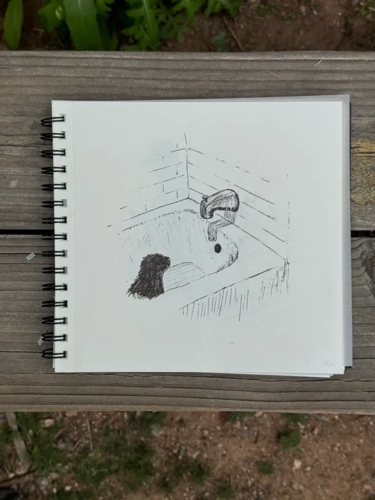 A black sketch shows a stylized animal head, possibly a dog, contained within a drawn rectangular structure on white paper.