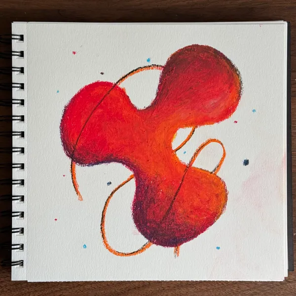 Abstract, interconnected shapes in rich reds and oranges fill the center of the page, outlined by dark lines and accented by scattered specks of red and blue.