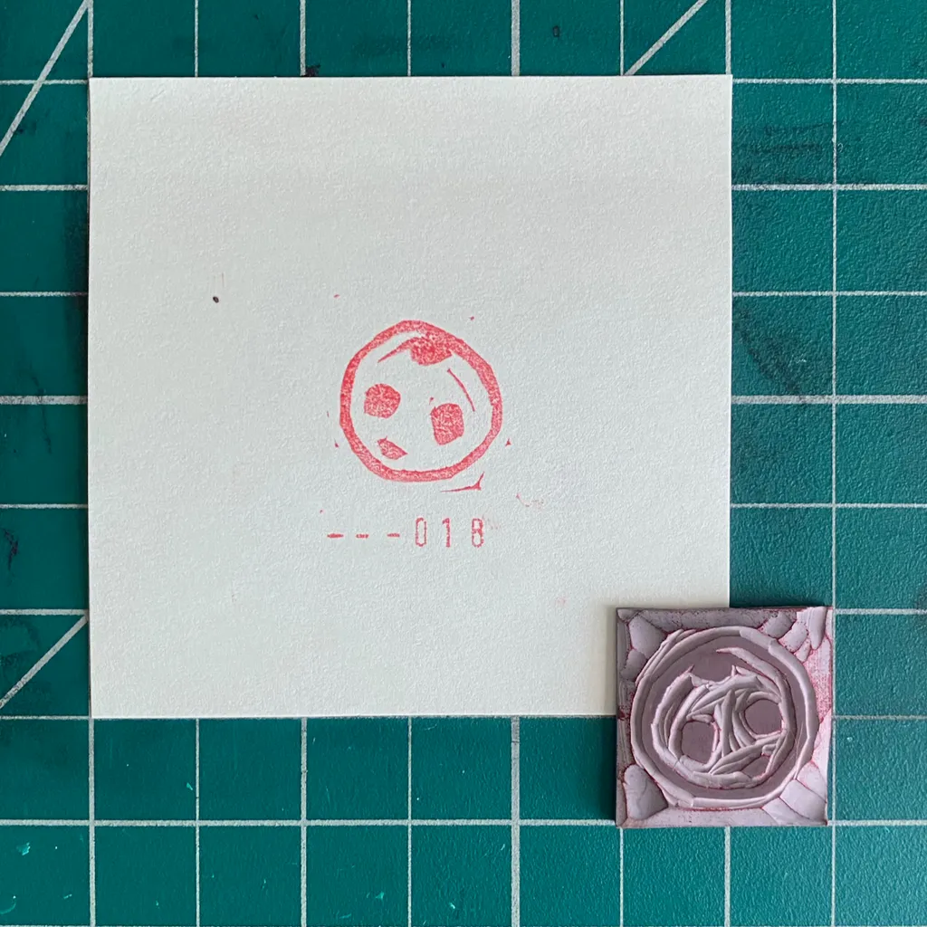A white square rests on a green grid, featuring a pink circular face drawing and the numbers 018 below it, next to a small pink molded square with swirling textures.