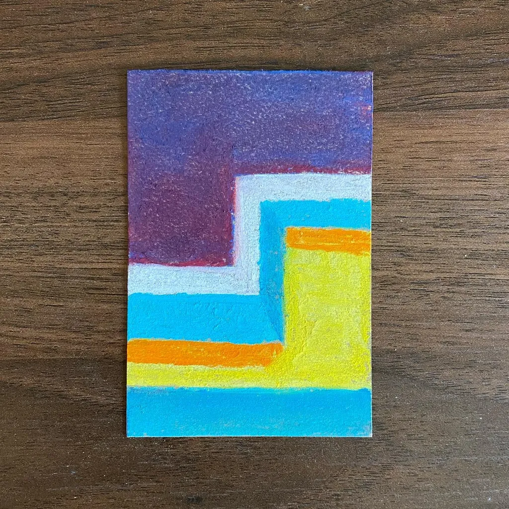Abstract composition featuring geometric blocks of deep purple, maroon, bright yellow, and various blues, separated by white lines in a stepped, horizontal pattern.
