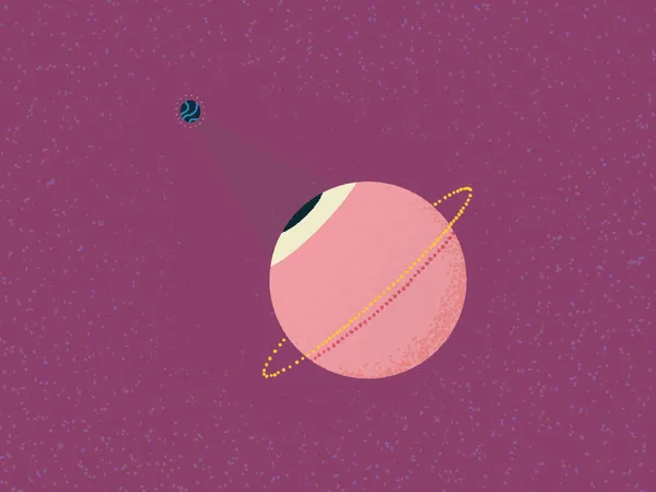 A speckled purple background holds two planets: a large, light pink planet with a dark spot and a yellow dotted ring, and a smaller, dark blue planet emitting a beam of light toward the larger one.