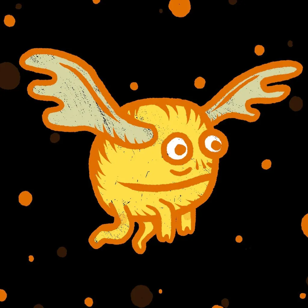 A stylized, mustard-yellow creature with stubby legs and two pairs of wings floats against a black background scattered with orange and brown circular spots.