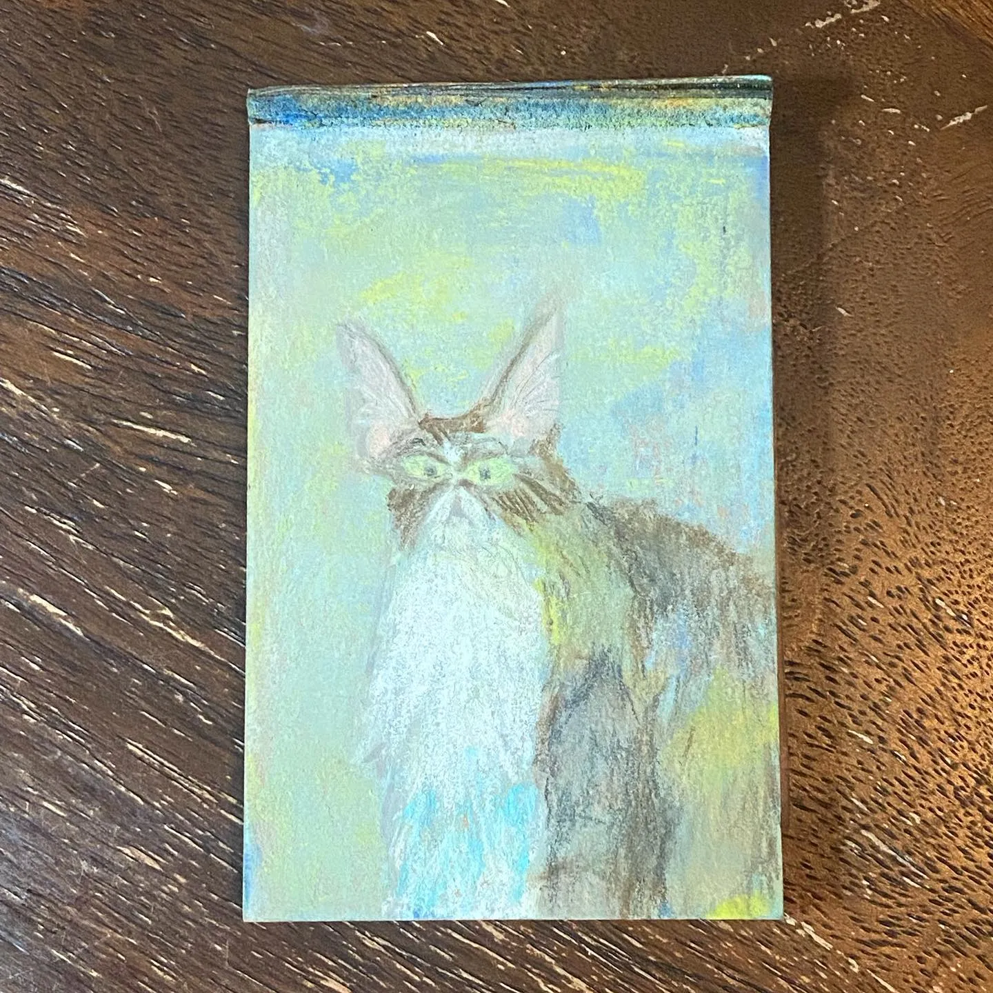 A fluffy, pointed-eared creature with white and gray fur sits against a background of light blue and yellow-green.