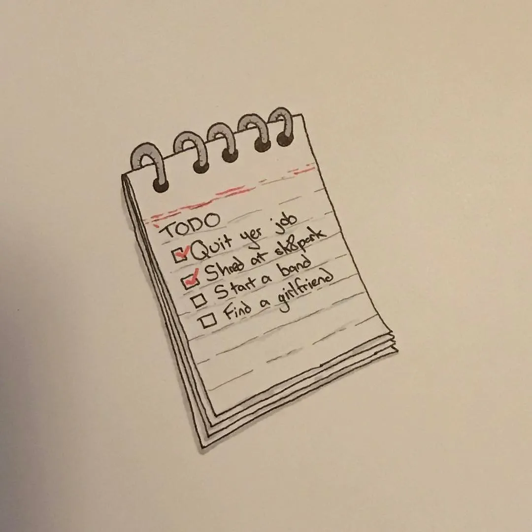 A hand-drawn spiral notepad on a white background contains a list of tasks under the title TODO, with several items marked by red checkmarks.