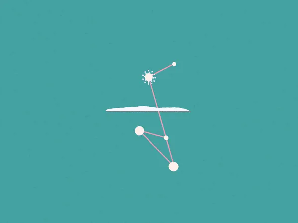 A composition featuring white lines and small circles against a teal background, it appears as a constellation obscured by a lone cloud.