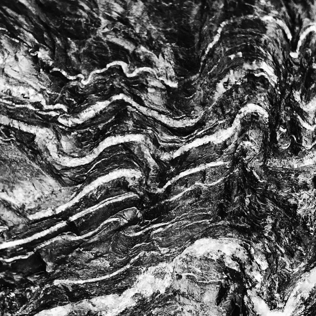 Monochromatic close-up showing highly textured, wavy bands of white and gray layered across a deep black background, creating a striated, dynamic pattern.