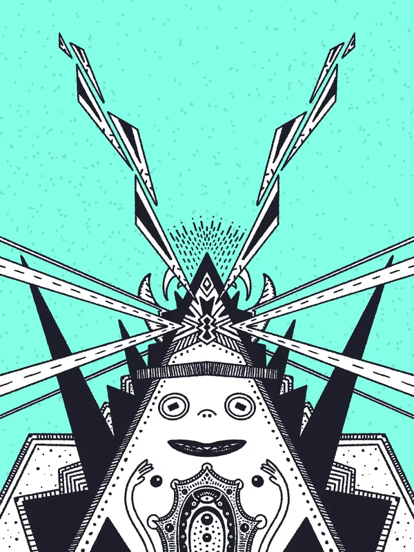 A symmetrical black and white graphic of a stylized face set against a speckled teal background, featuring radiating lines and two large, upward-pointing, angular shapes.