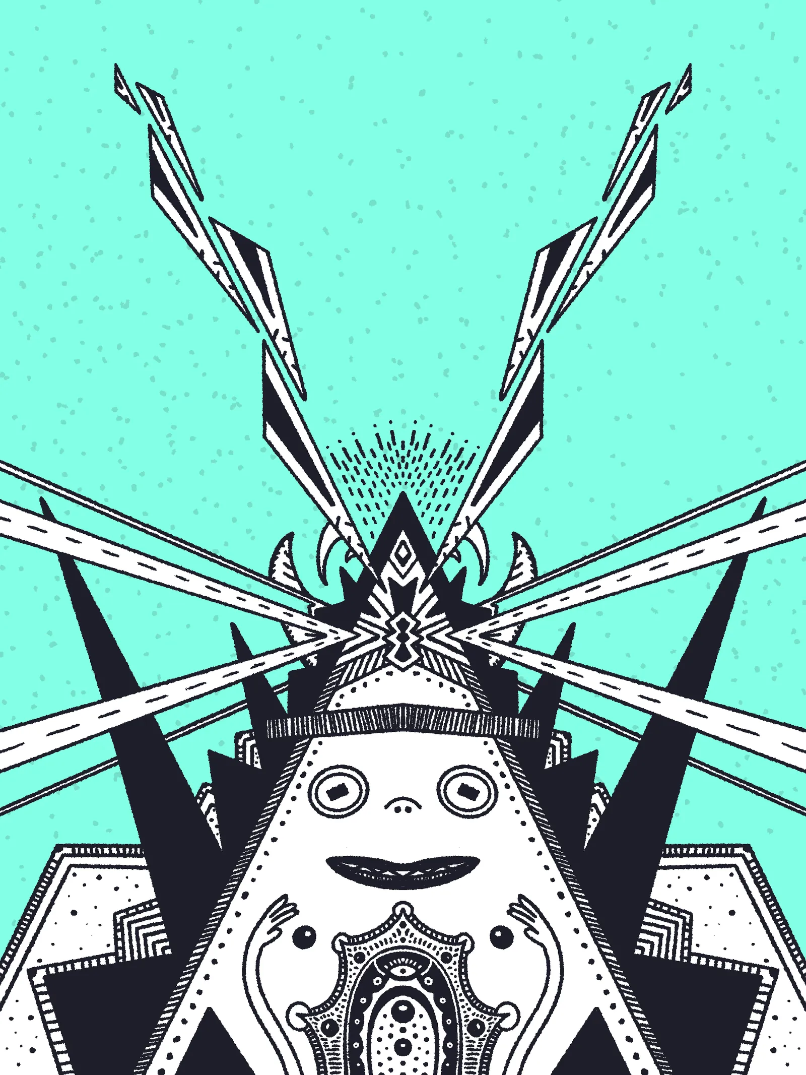 A symmetrical black and white graphic of a stylized face set against a speckled teal background, featuring radiating lines and two large, upward-pointing, angular shapes.