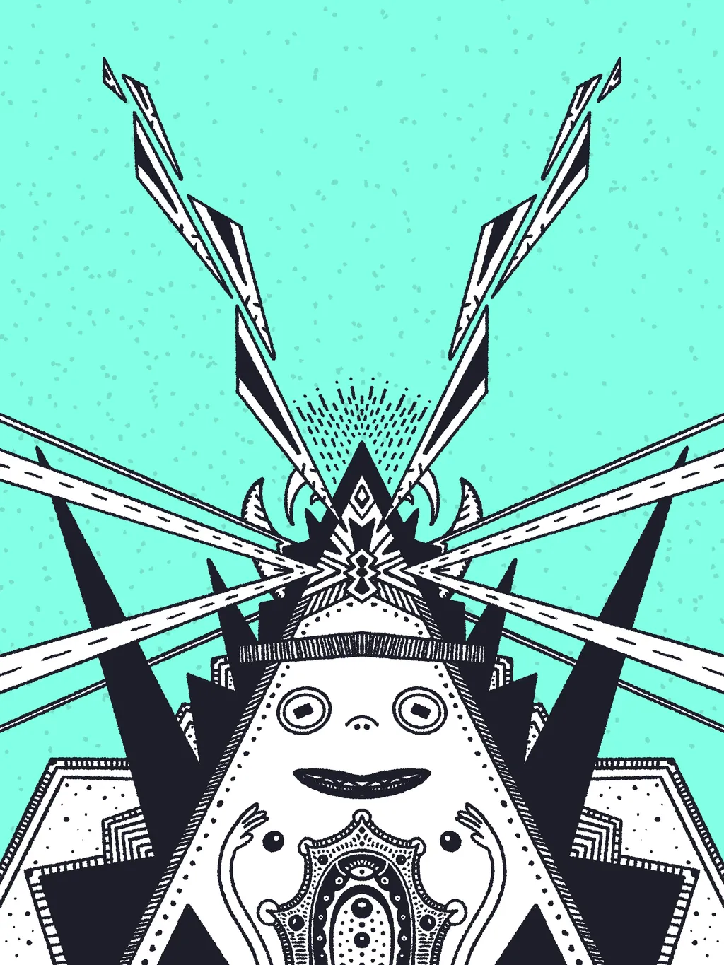 A symmetrical black and white graphic of a stylized face set against a speckled teal background, featuring radiating lines and two large, upward-pointing, angular shapes.