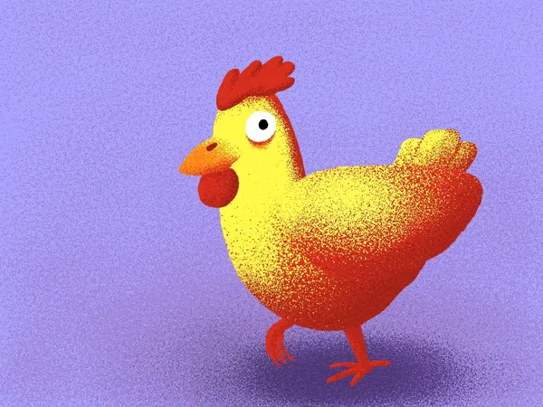 A stylized chicken with a yellow body and red comb stands against a lavender background, rendered in visible speckles and textured marks.