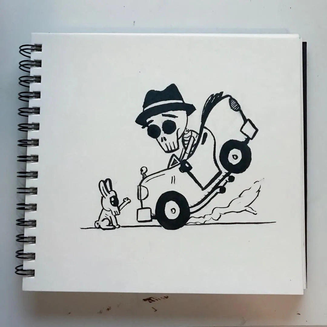 A stylized black line drawing depicts a skeleton in a hat driving a small car, accompanied by a rabbit standing on the ground line.