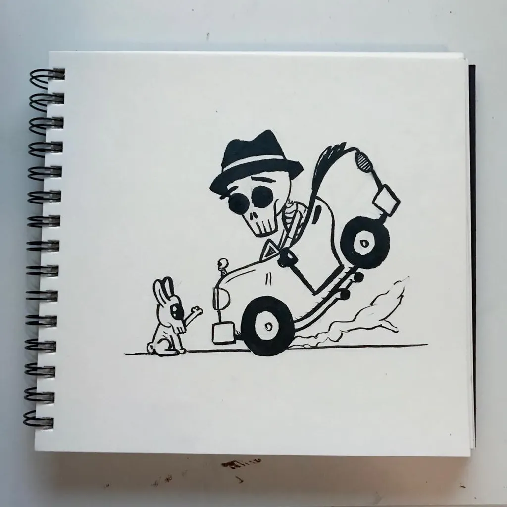 A stylized black line drawing depicts a skeleton in a hat driving a small car, accompanied by a rabbit standing on the ground line.