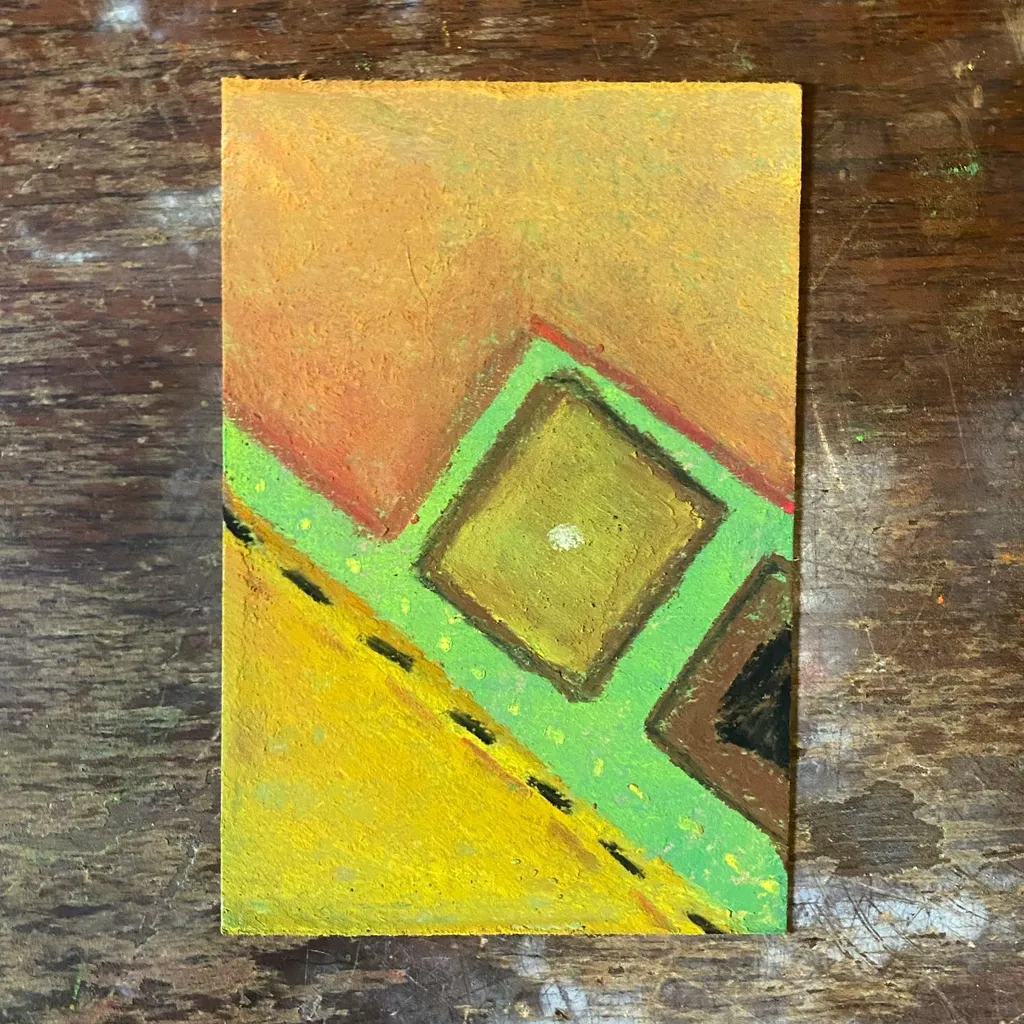 Geometric abstract composition featuring a top ochre gradient meeting a bottom section of bright yellow and layered green and olive squares, marked by diagonal lines.