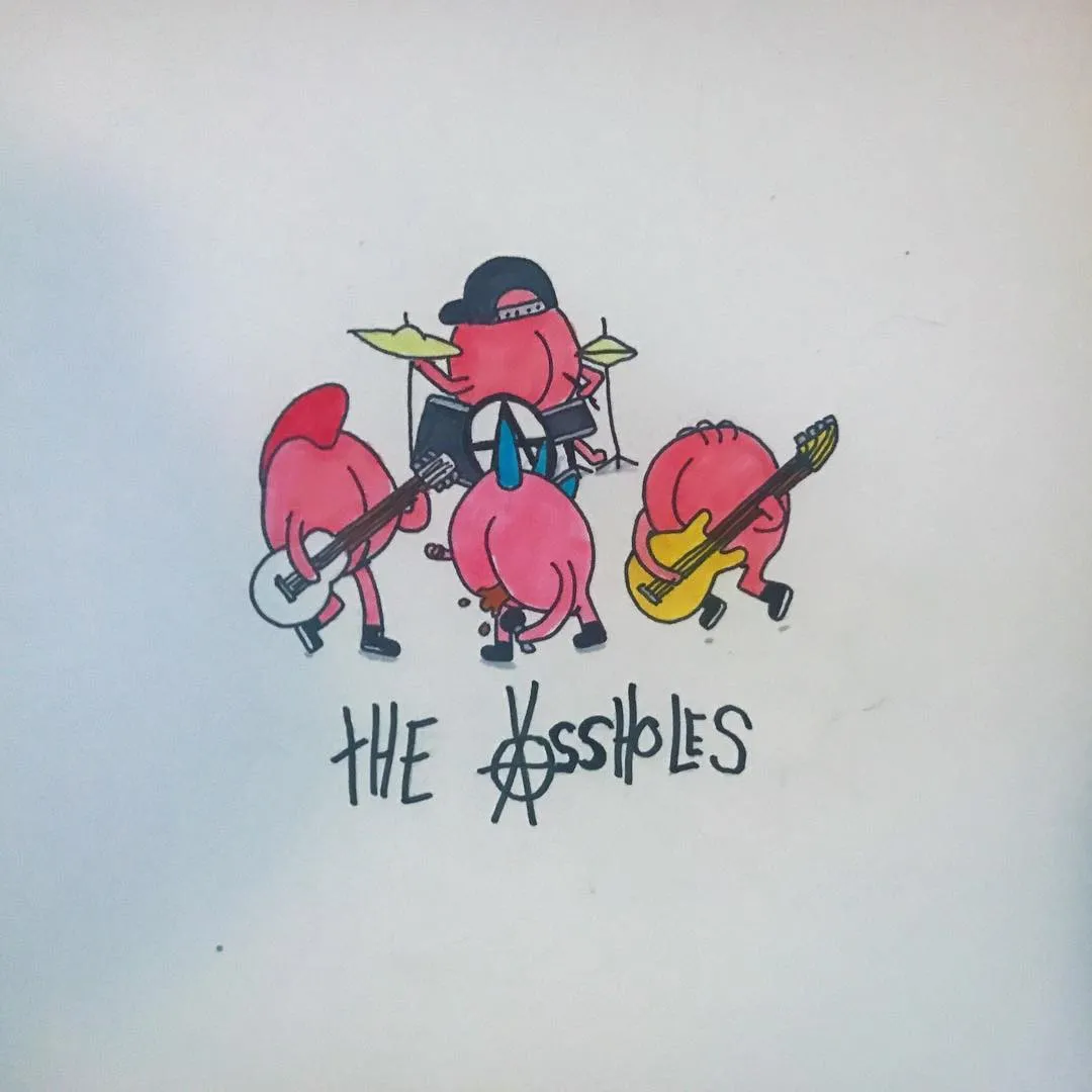 Three pink cartoon pigs are drawn in a band formation, holding instruments—a white guitar, a drum kit, and a yellow guitar—with the name THE KISSHOLES written below them.