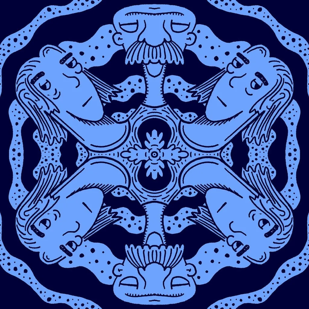 A symmetrical, circular design featuring six light blue faces radiating from a center point, framed by a wavy border, all rendered in blue and black ink.